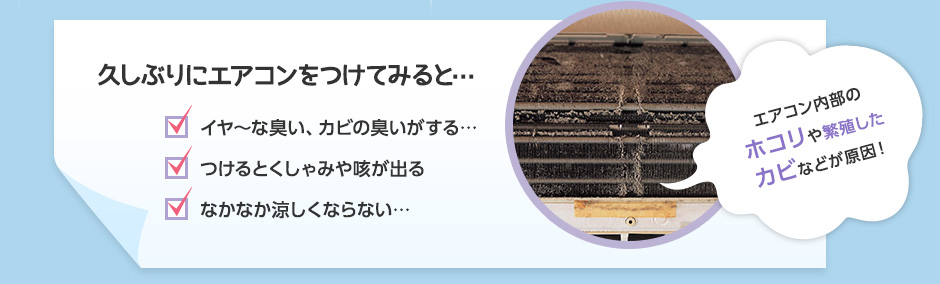 久しぶりにエアコンをつけてみると、イヤ～な臭い、カビの臭いがする…、つけるとくしゃみや咳が出る、なかなか涼しくならない…