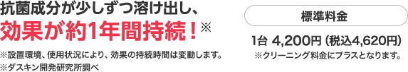 抗菌成分が少しずつ溶け出し、効果が約1年間持続！　標準料金　1台 4,200円（税込4,620円）※クリーニング料金にプラスとなります。